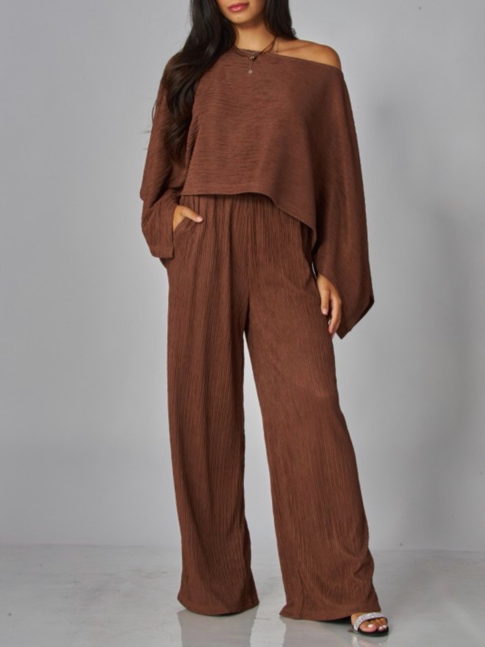 Brown Wide-Leg Two-Piece Jumpsuit Set - Off-Shoulder Top all sizes S M L